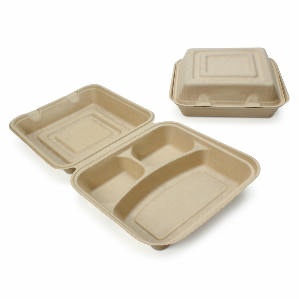 100Pack Sugarcane Biodegradable Clamshell Food Containers 3 Compartments 8"x8"