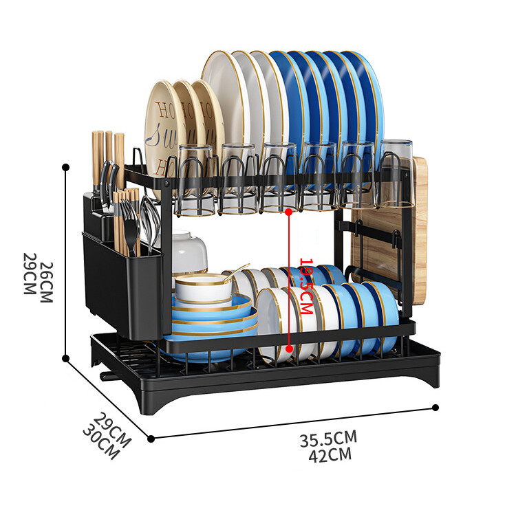 2-Tier Dish Drying Rack for Kitchen Countertop Detachable Double Layer Drain UK