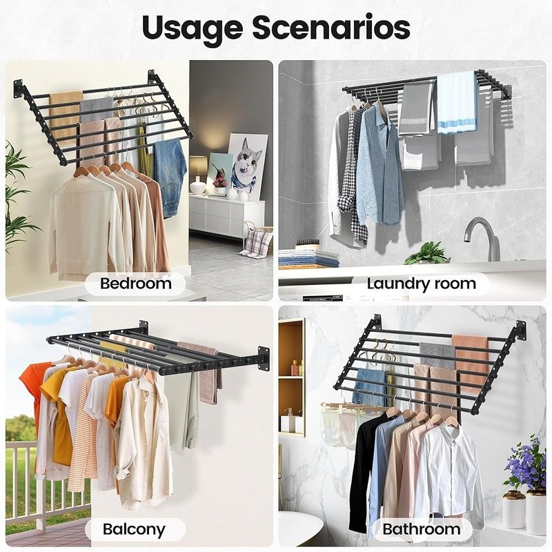 Wall Mounted Drying Rack Foldable Clothes Dryer Space Saving Heavy Duty 7 Rods