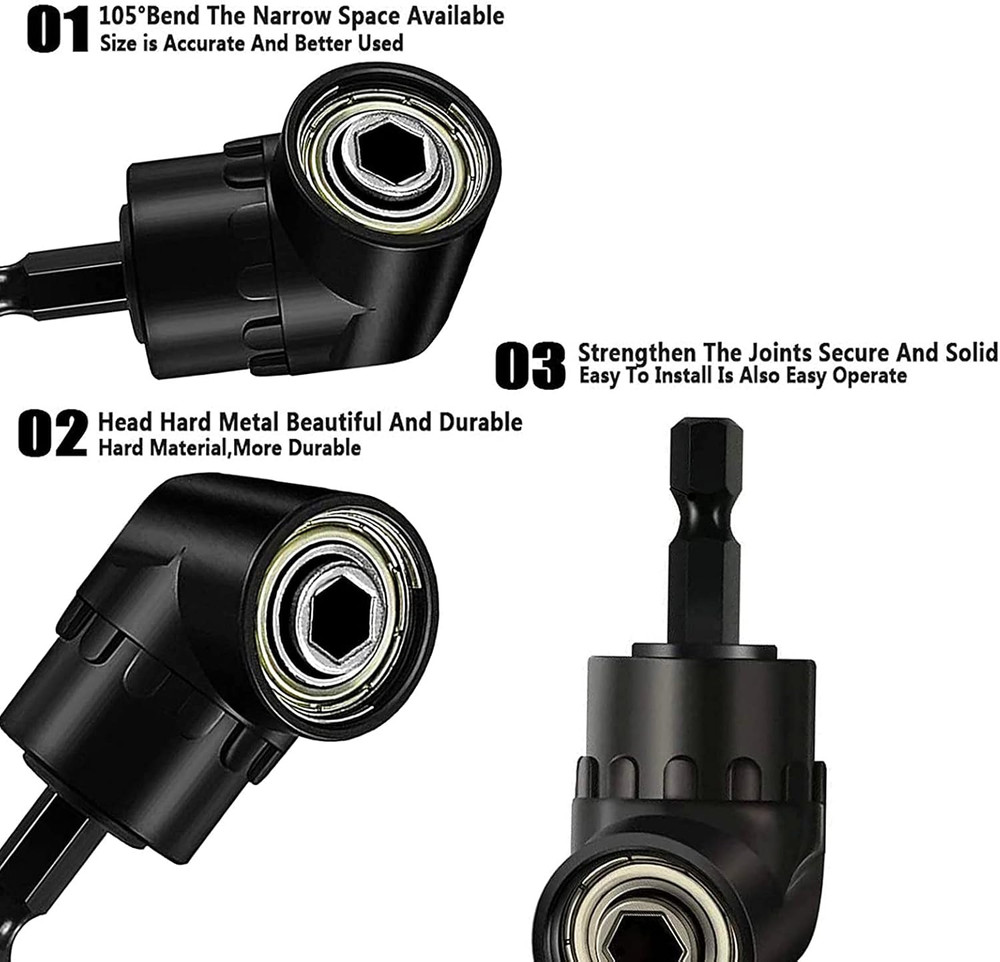 Flexible Drill Bit Extension Set with Right Angle Attachment, 360° Rotatable 1/4