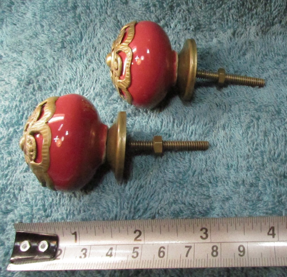 Set of 2 Large RED Round CERAMIC KNOBS with Brass Flower Decorative Drawer Pulls