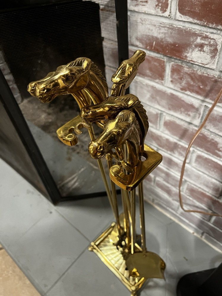 Vintage Five-Piece Solid Brass Horse Head Fire Tool Set Equestrian Art Deco