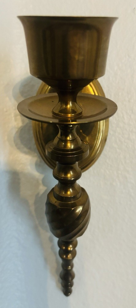 Vtg Solid Brass Wall Sconce Candle Holder Twist Design 10”