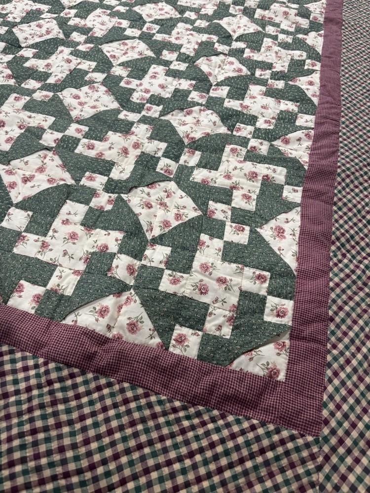 Handmade Patchwork Quilt Green Geometric Cotton Handcrafted Floral Plaid Pattern