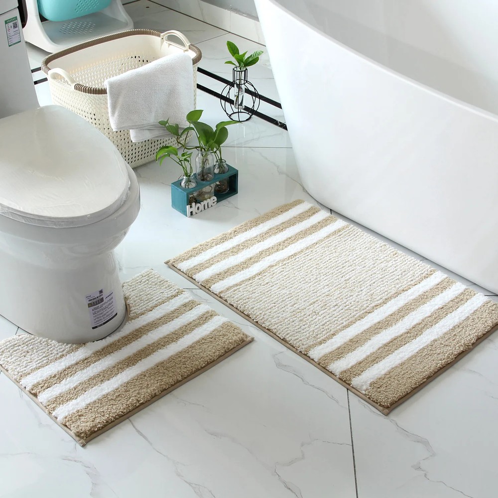 2Pcs Striped Microfiber Bath Rug Set Non Slip Quick Dry Machine Washable