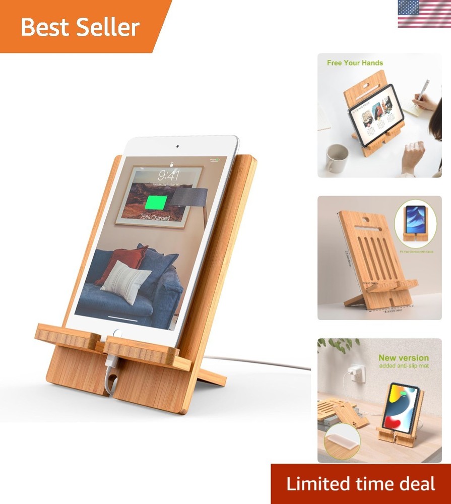 Multi-Angle Bamboo Tablet Holder for Smartphones & Tablets - Adjustable Size