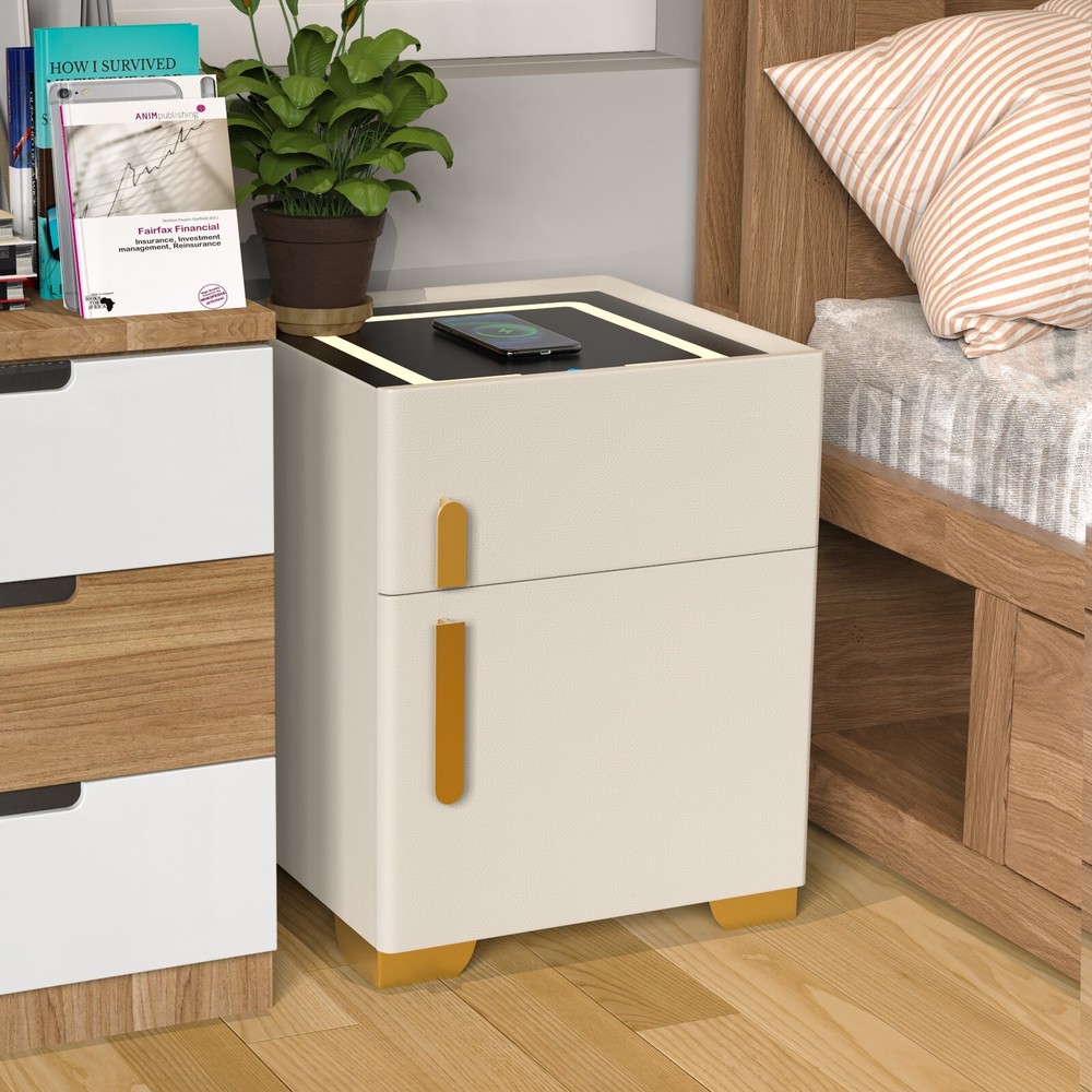 Off-white smart bedside table with safe, wireless charging + three-color light