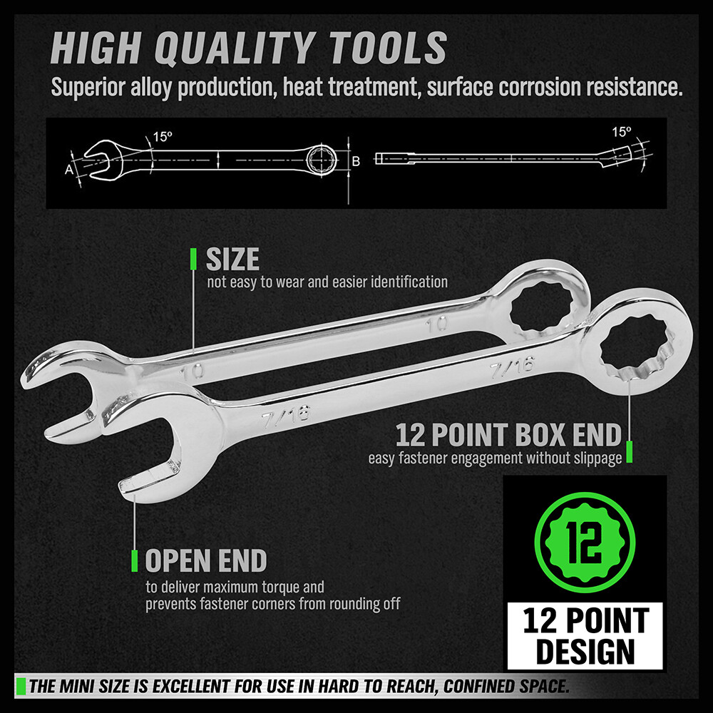 22PCS Combination Wrench Set Ignition Spanner Steel Tools Metric SAE Mini Small