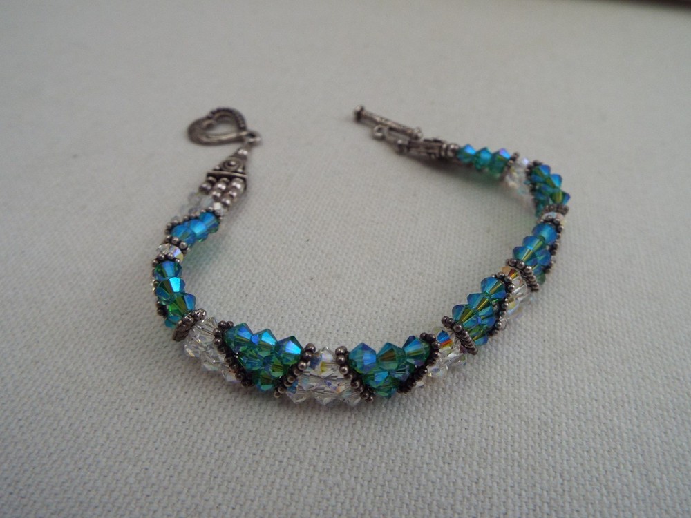 Silvertone Clear & Teal Crystal Bead Bracelet