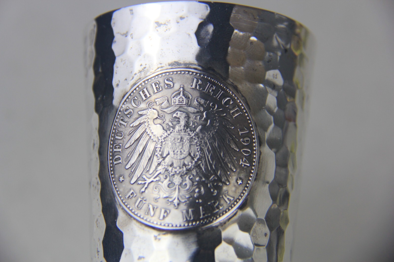 1904 German Hammered 800 Silver Beaker w/Hesse-Darmstadt 5 Mark Coin Attached