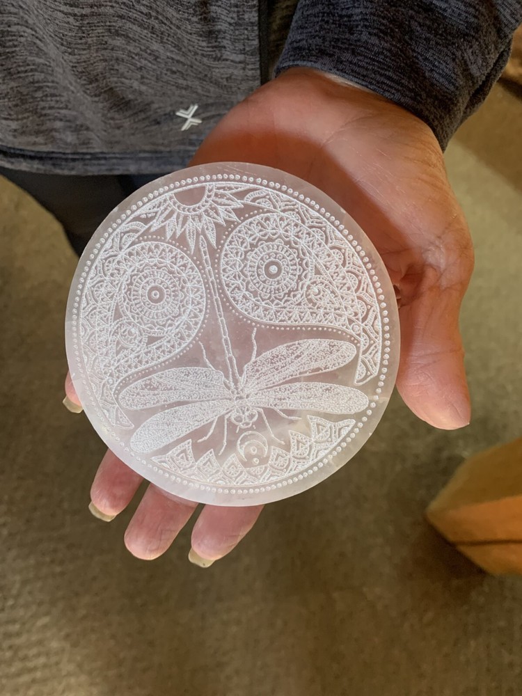 Selenite Charging Plate With Engraved Dragonfly