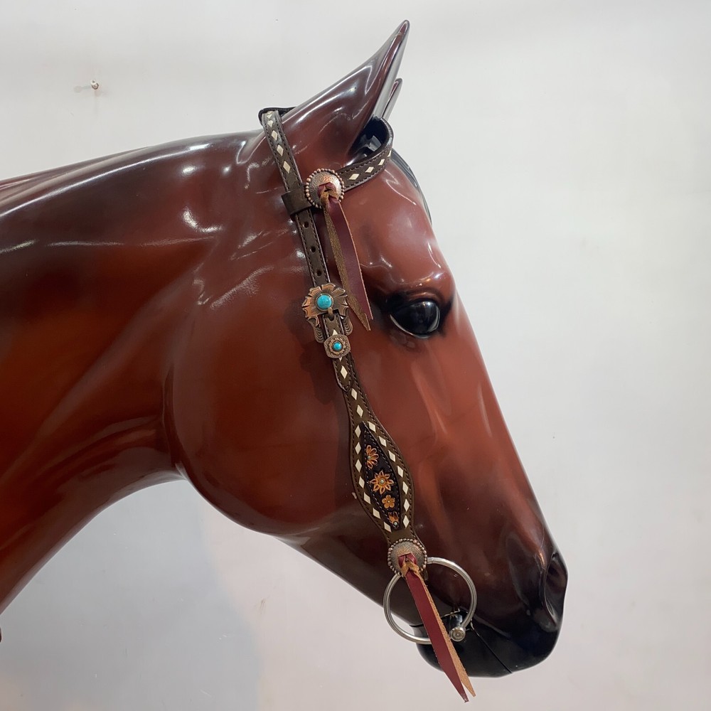 Leather Headstall Set Flower Carving Raw Hide Bridging and String Conchos MOUSM
