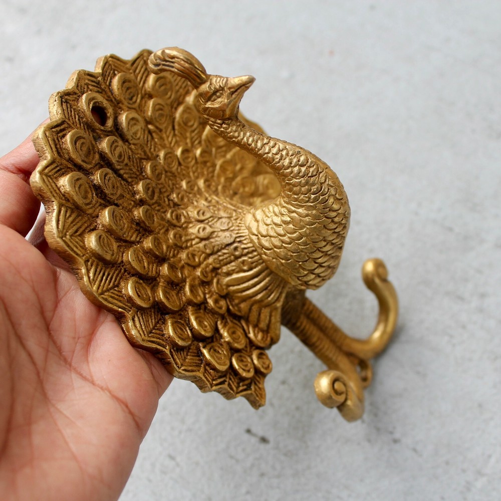 Antique Solid Brass Peacock coat hook rustic VTG bronze hook mid century modern