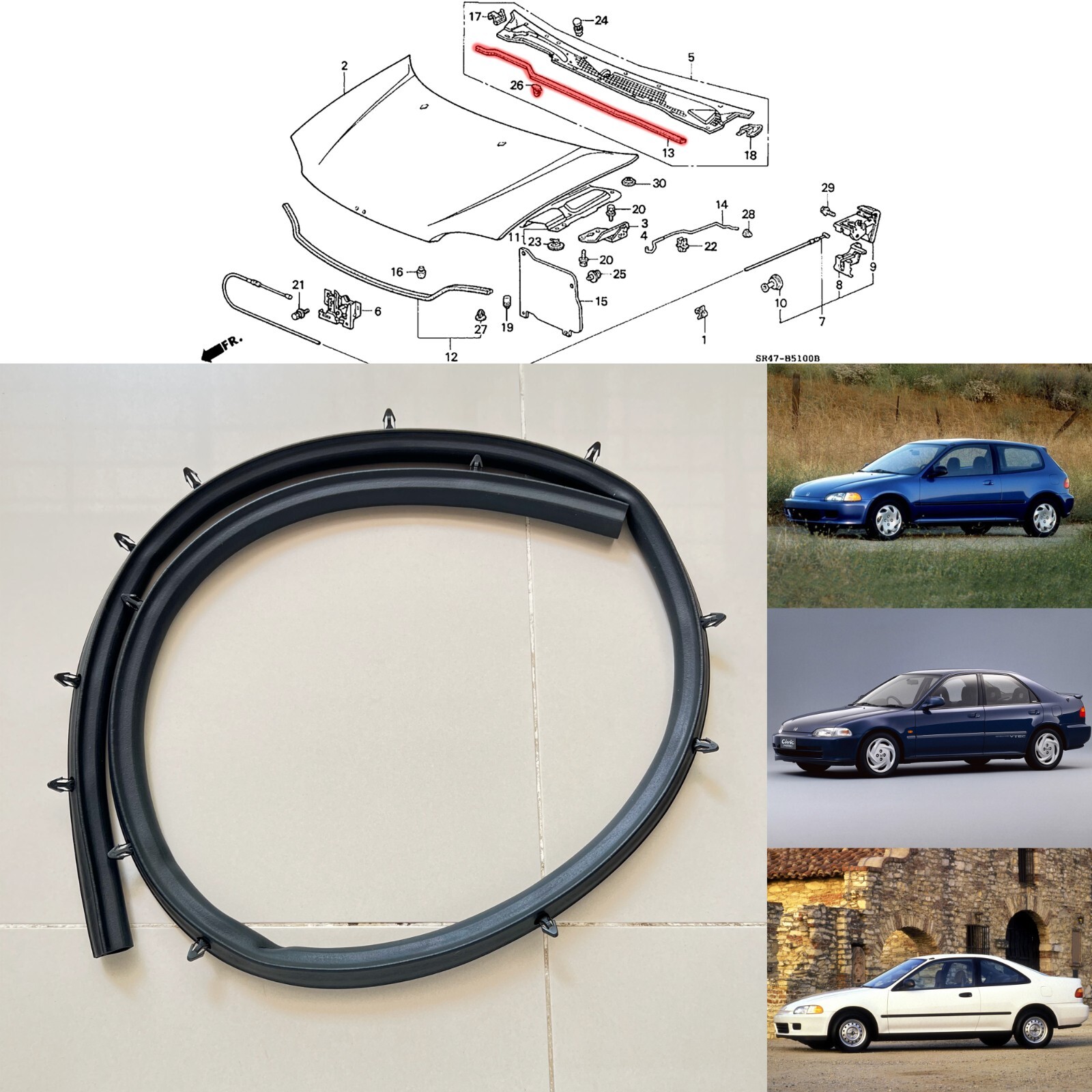 92-95 Honda Civic EG front hood to cowl grille Weatherstrip rubber seal 2D 3D 4D