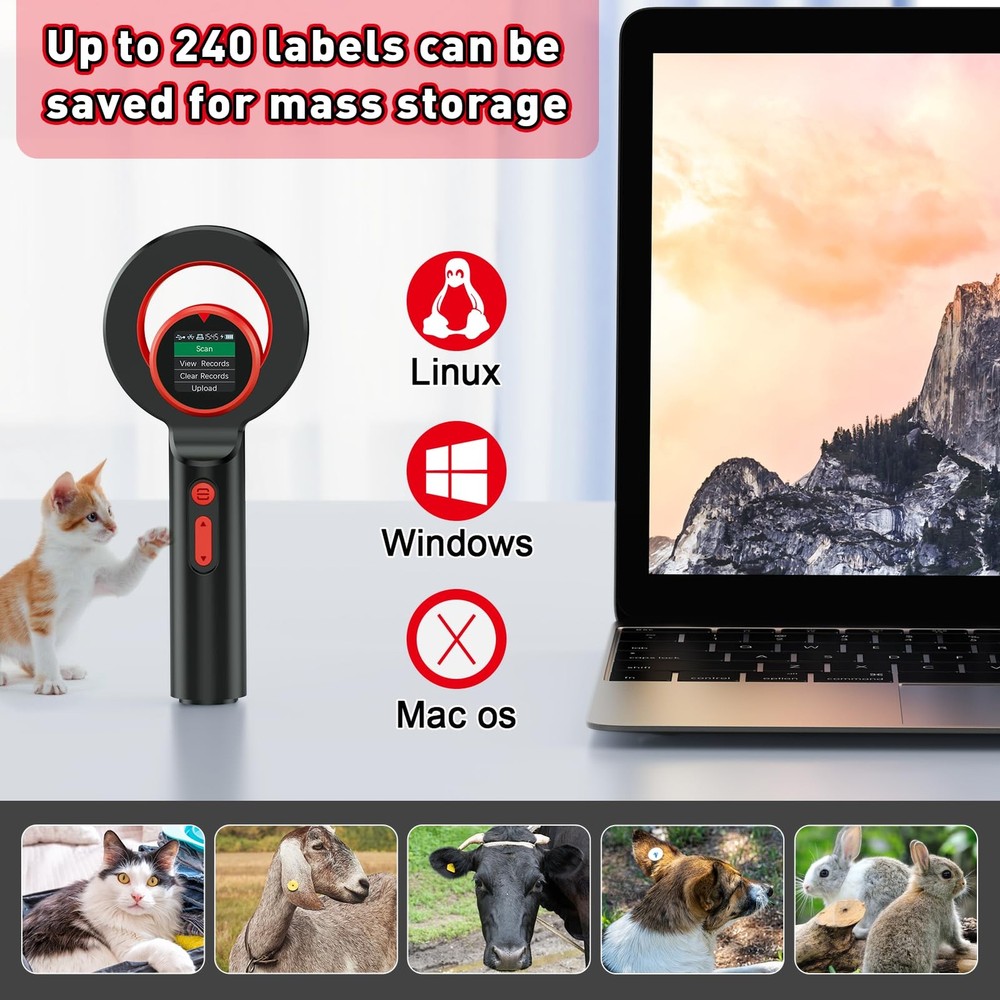 Pet Microchip Scanner ISO11784/85/FDXB/EMID Wireless Bluetooth USB Reader