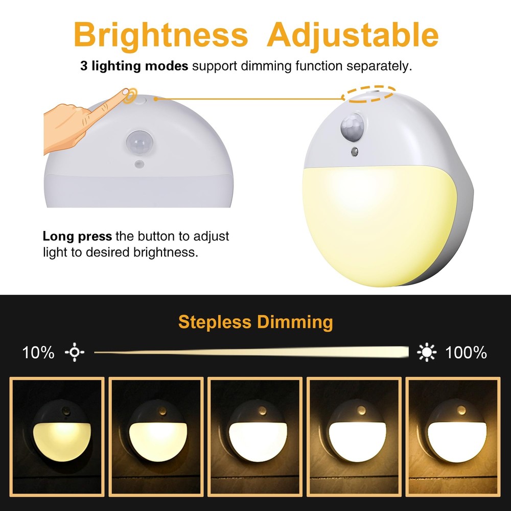 2 Pack Motion Sensor Night Light Gold Yellow 3 Lighting Modes Stepless Dimmin...
