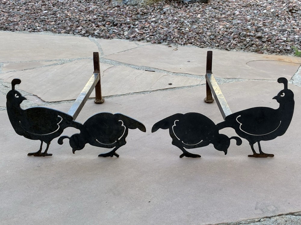 Vintage Wrought Iron Fireplace Andirons Quail Bird Rustic Log Holders