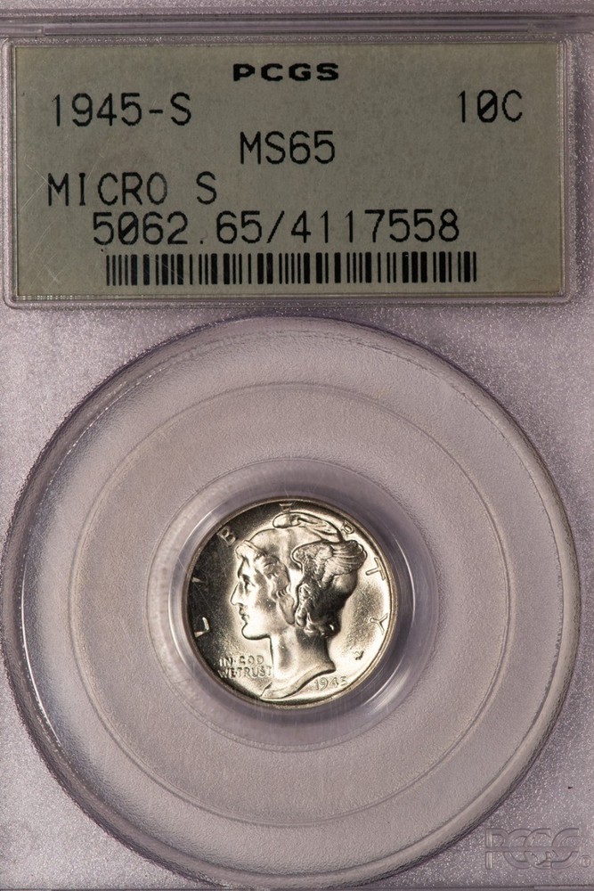 1945-S 10C Micro S Mercury Dime PCGS OGH MS65