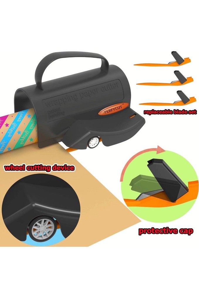 Wrapping Paper Cutter with 3 Replaceable Blade Sets for All Occasion Black