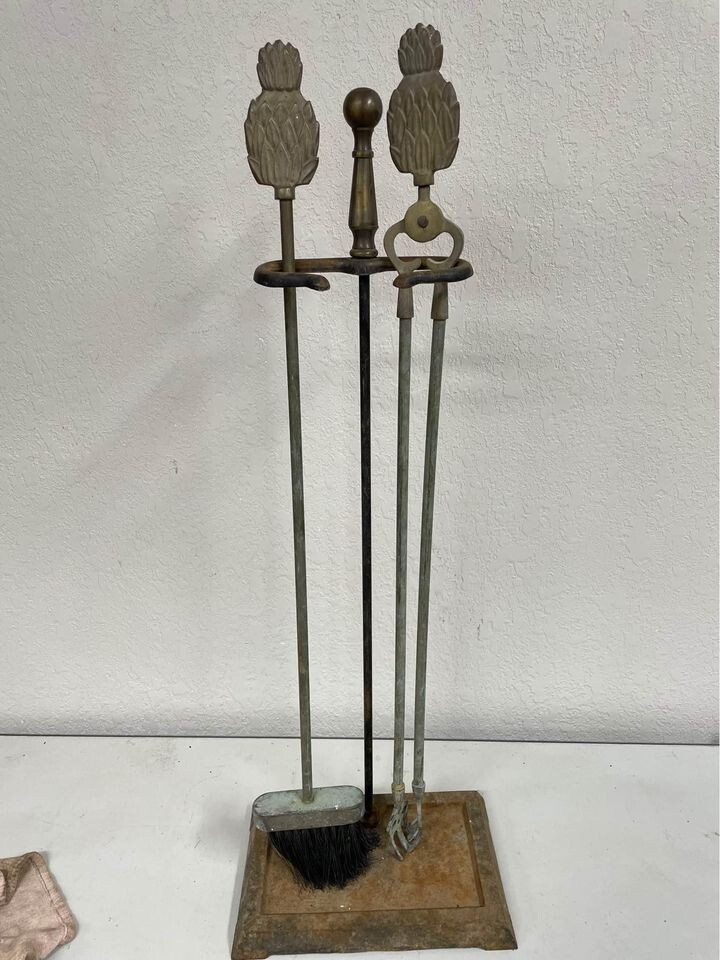 Brass pineapple fireplace broom and grabber set