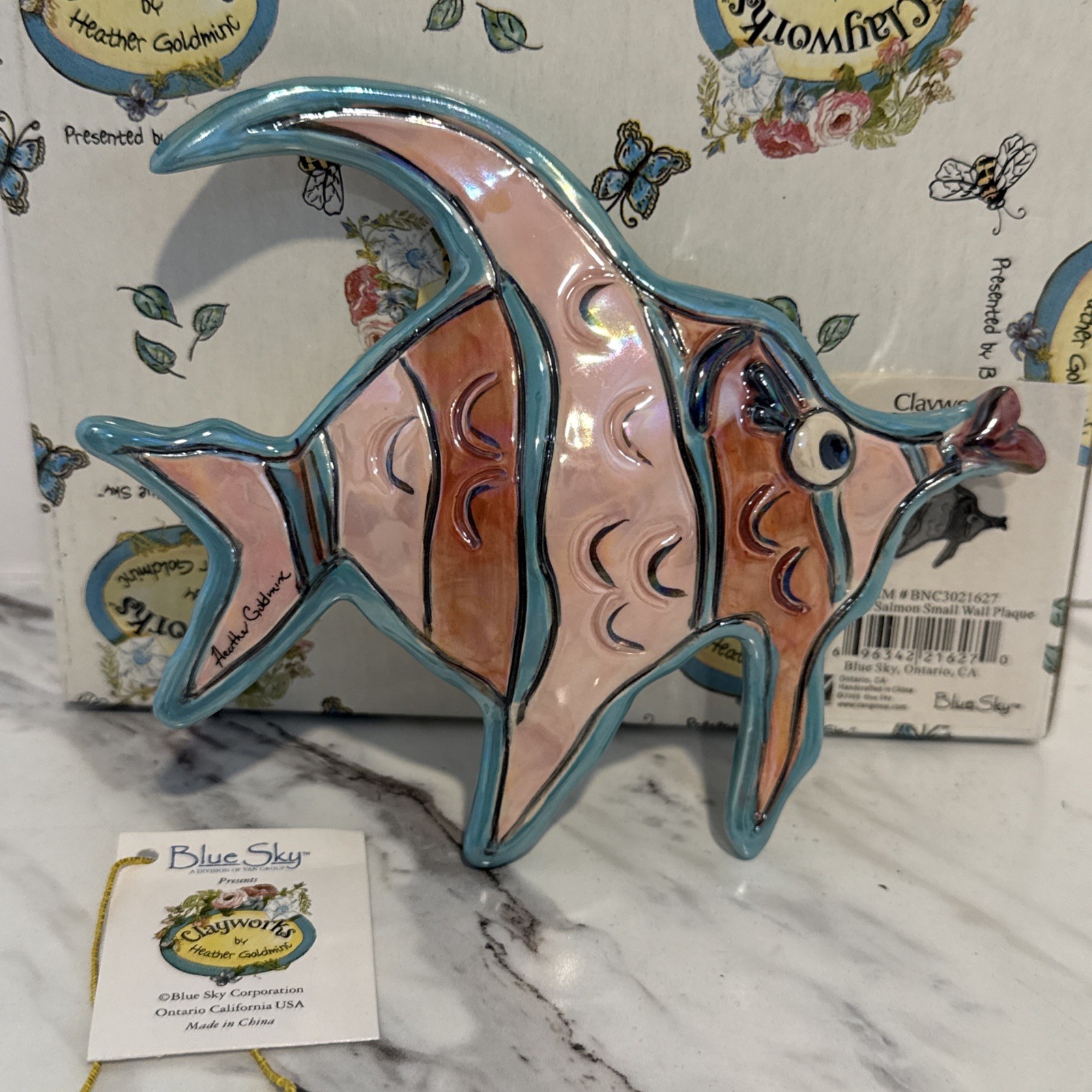 Clayworks Blue Sky Ceramic Angel Fish Wall Plaque Art Small Heather Goldminc