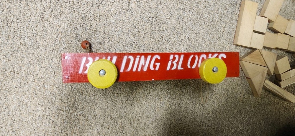 Vintage Wooden Pull Cart Building Blocks