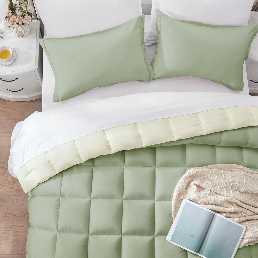 Luxury Queen Comforter Set - 3-Piece Solid Reversible Microfiber for All Seasons