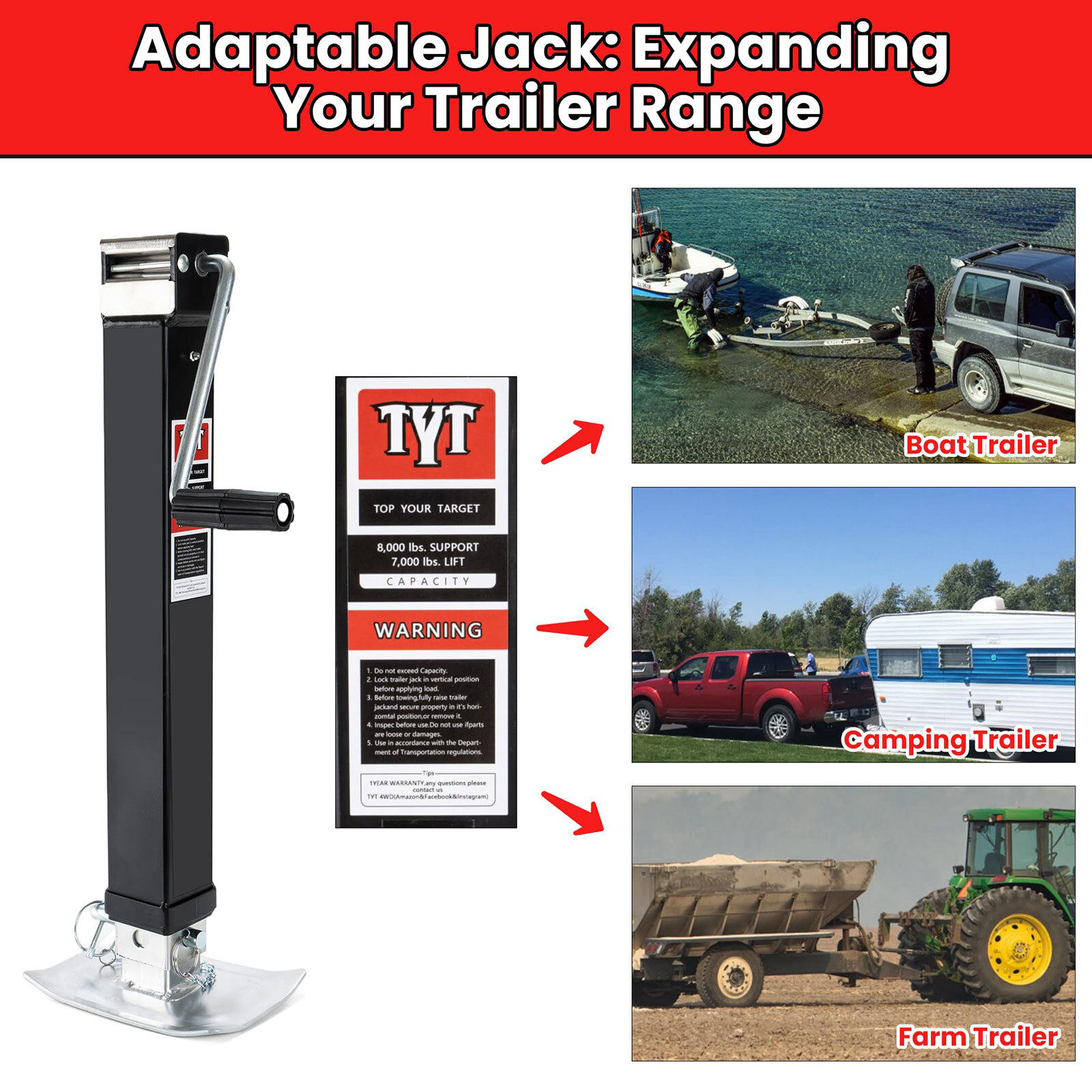 8000 lbs Weld-on Trailer Jack with 15" Lift Side Wind, 13" Adjustable Drop Leg