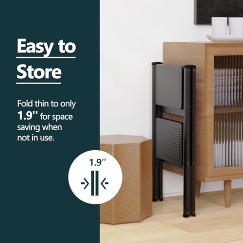 Step Ladder for Home, Foldable Step Stool for Kitchen with Non 2 Step Black