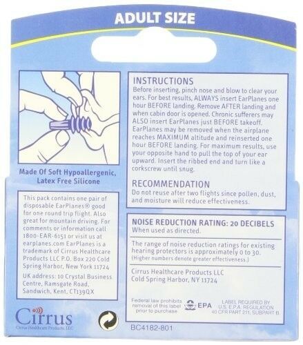 EarPlanes EarPlugs Relieve Ear Discomfort Latex Free Silicone Adult Size 1 Pair
