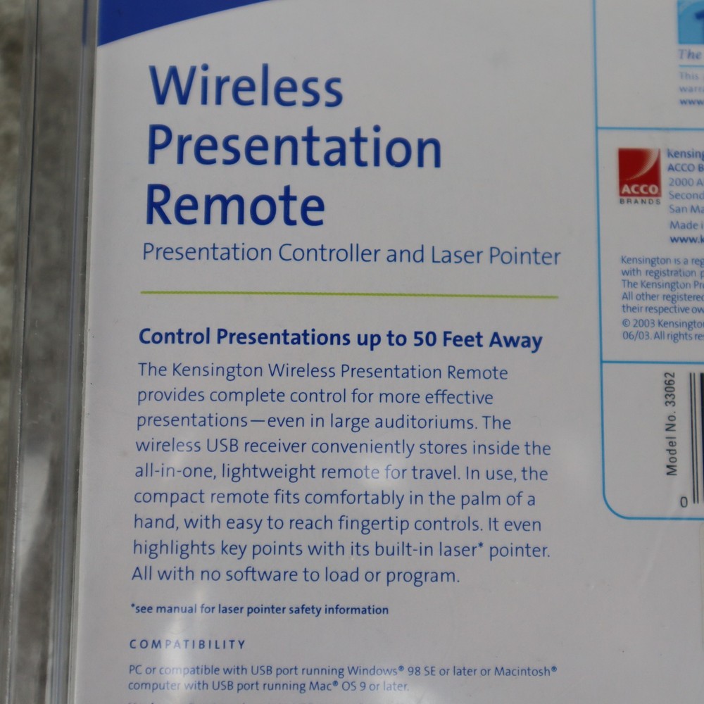 Kensington Pocket Presenter W/Laser Pointer & Remote 50ft. Range School 33062A