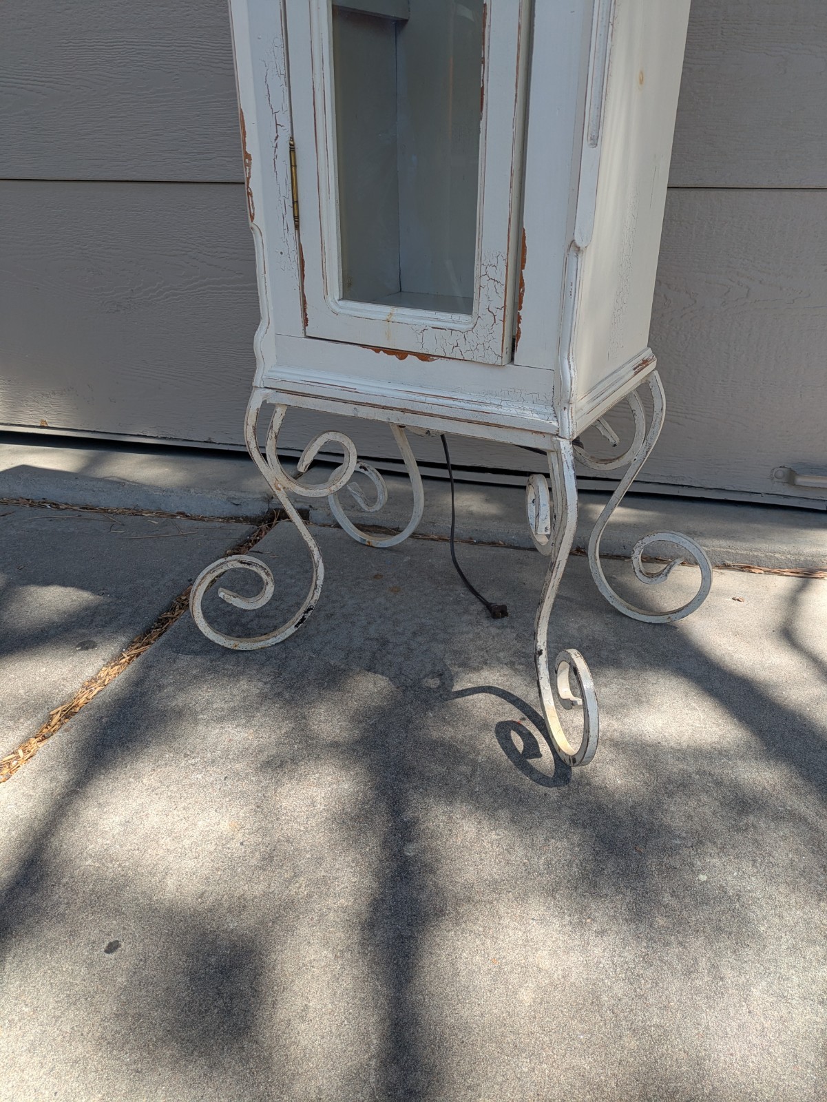 Vintage Shabby Chic French Country Cottage White Curio Display Cabinet Iron Legs