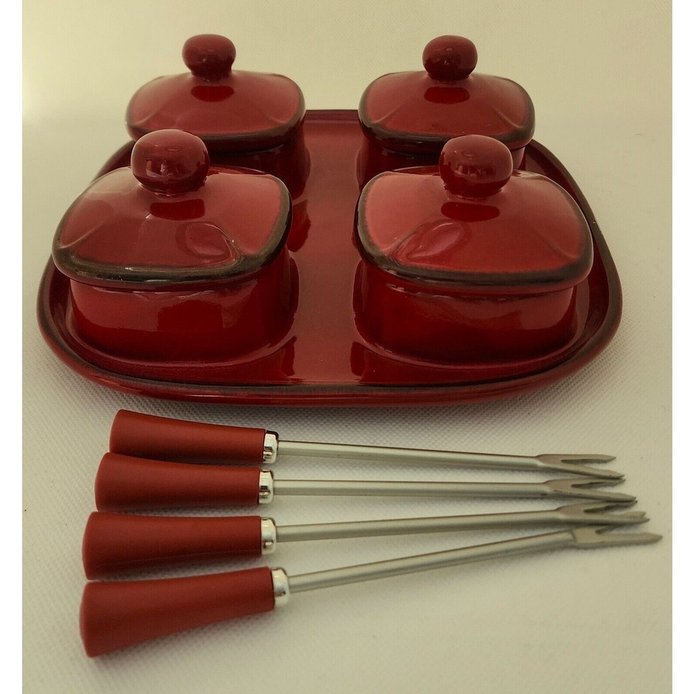 Condiment Server-Pottery Barn-4 Sections-Forks-Burgundy/Red-Square Server