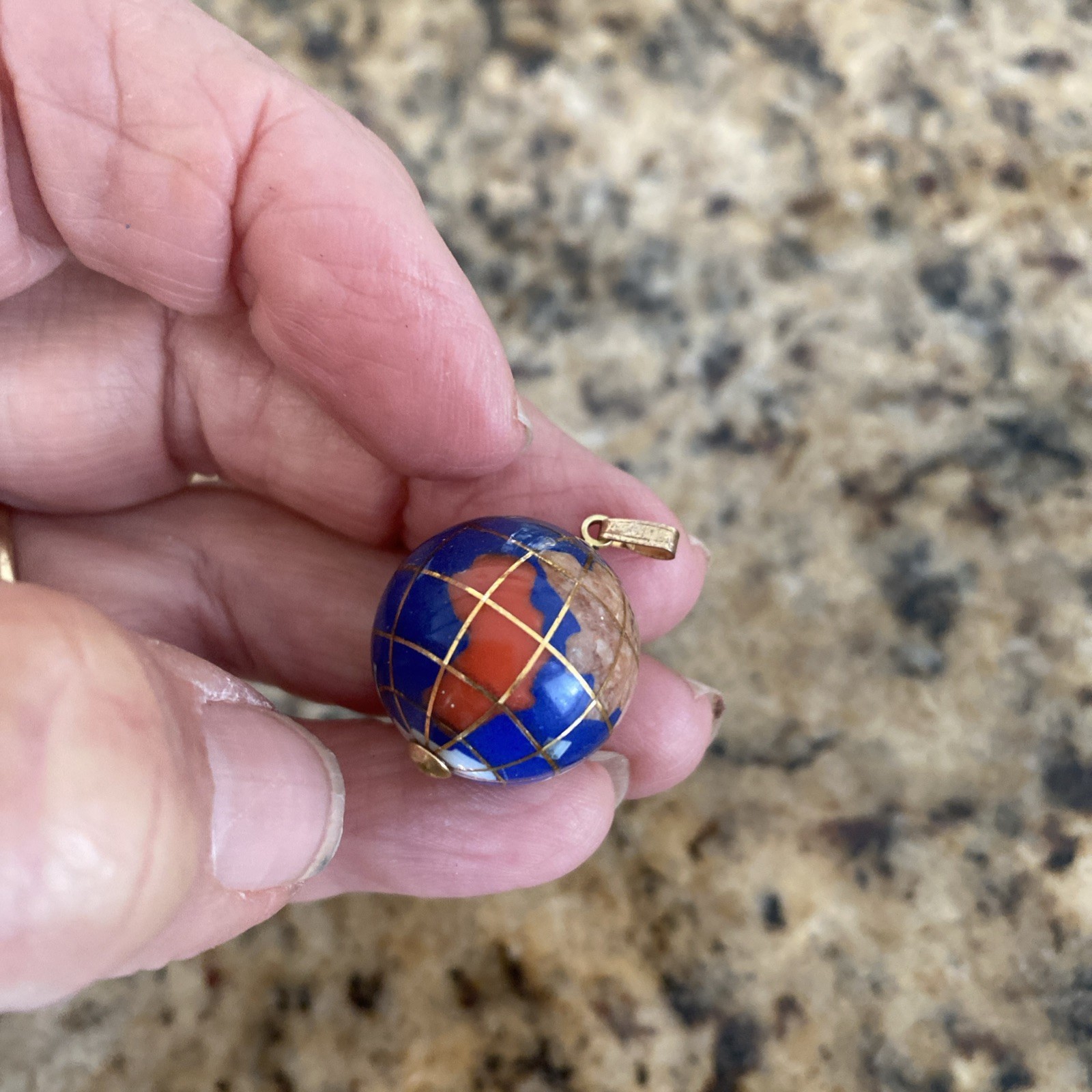 Vintage Yellow Gold Plated & Blue Enamel Globe Earth Dangle Charm Or Pendant
