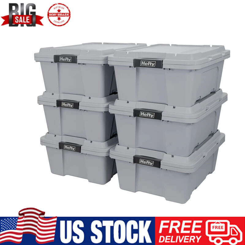 6 Pack 12 Gal Plastic Utility Storage Tote Stackable Containers Box Bin Gray US