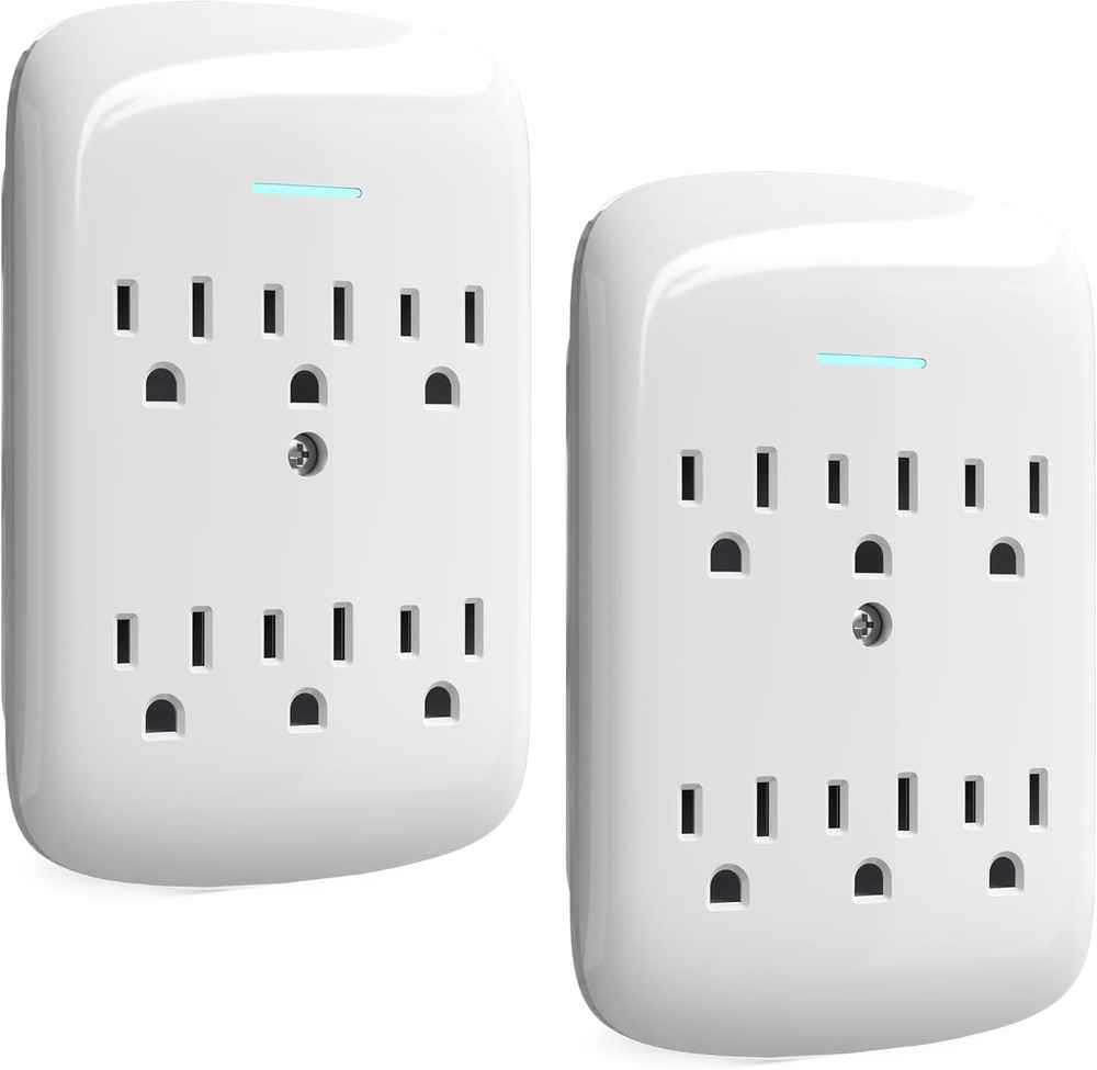 Surge Protector Wall Mount 6-Outlet Extender 2 Pack, 3 Prong Grounded Multi Plug