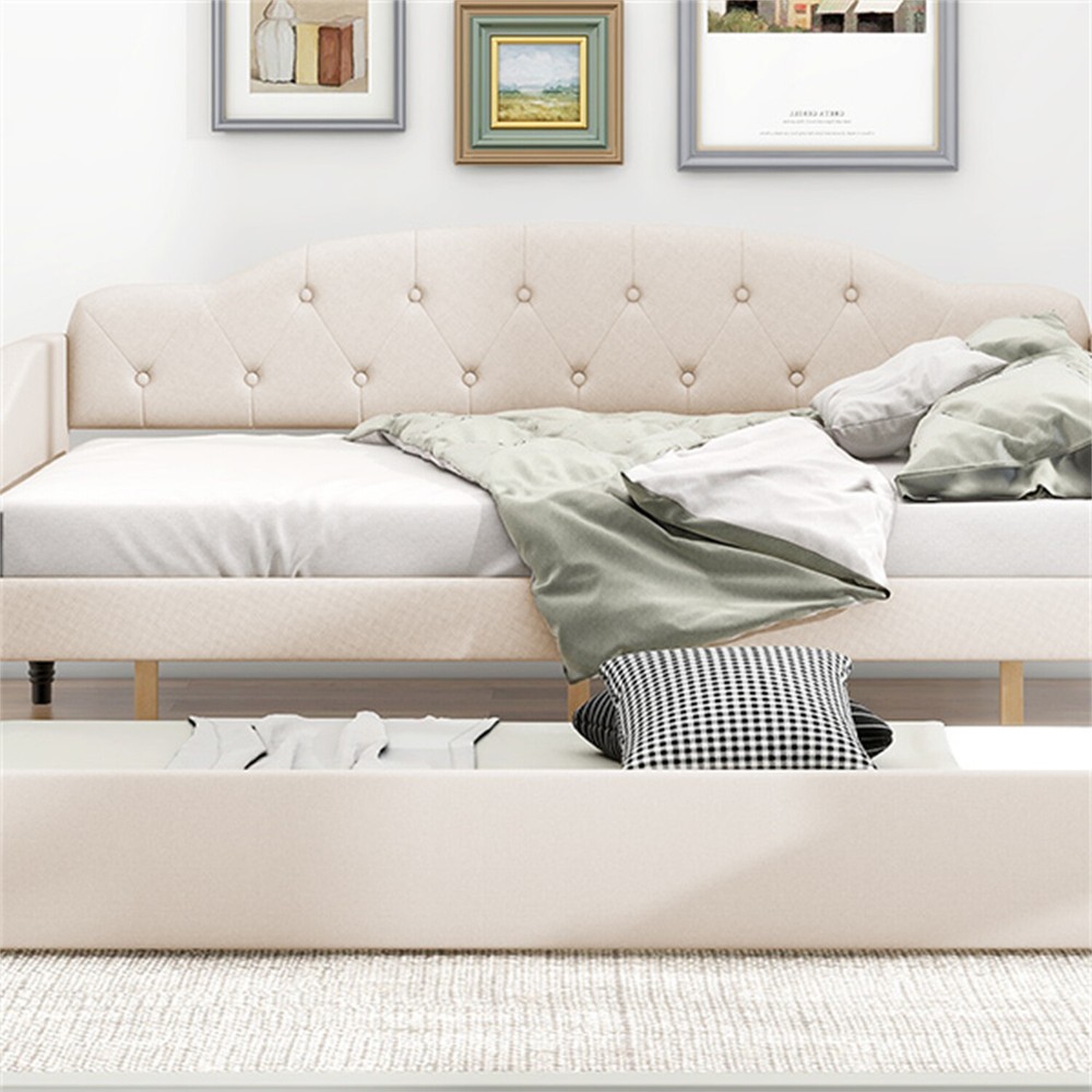 Full Size Daybed w/ Pull Out Trundle Bed Upholstered Bed Frame Sofa Bed Beige