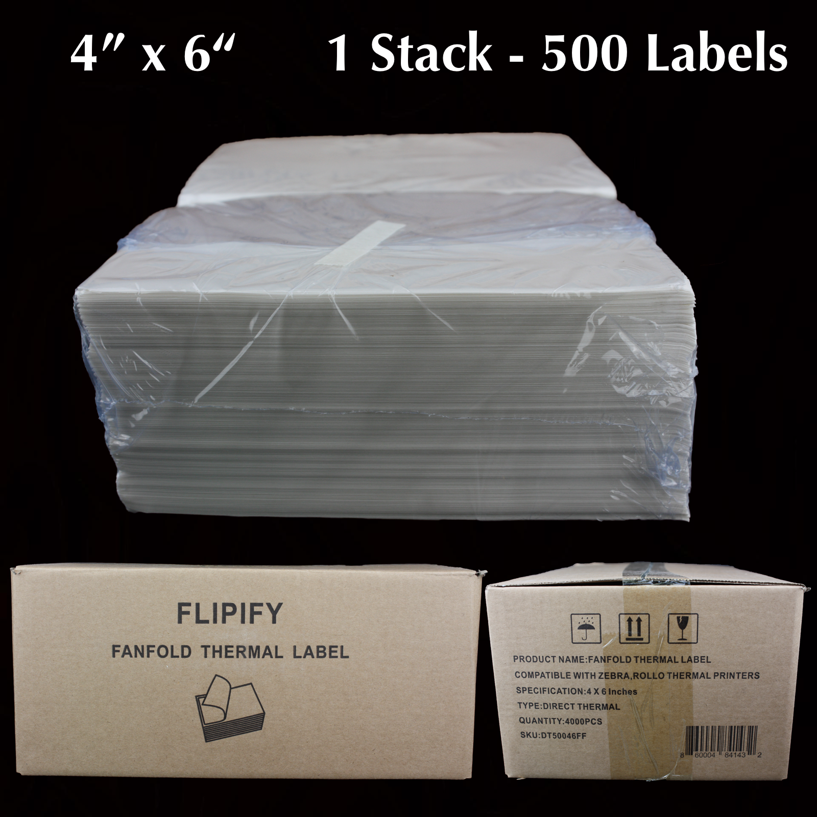 500 4x6 Fanfold Direct Thermal Shipping Labels for Zebra & Rollo Printers