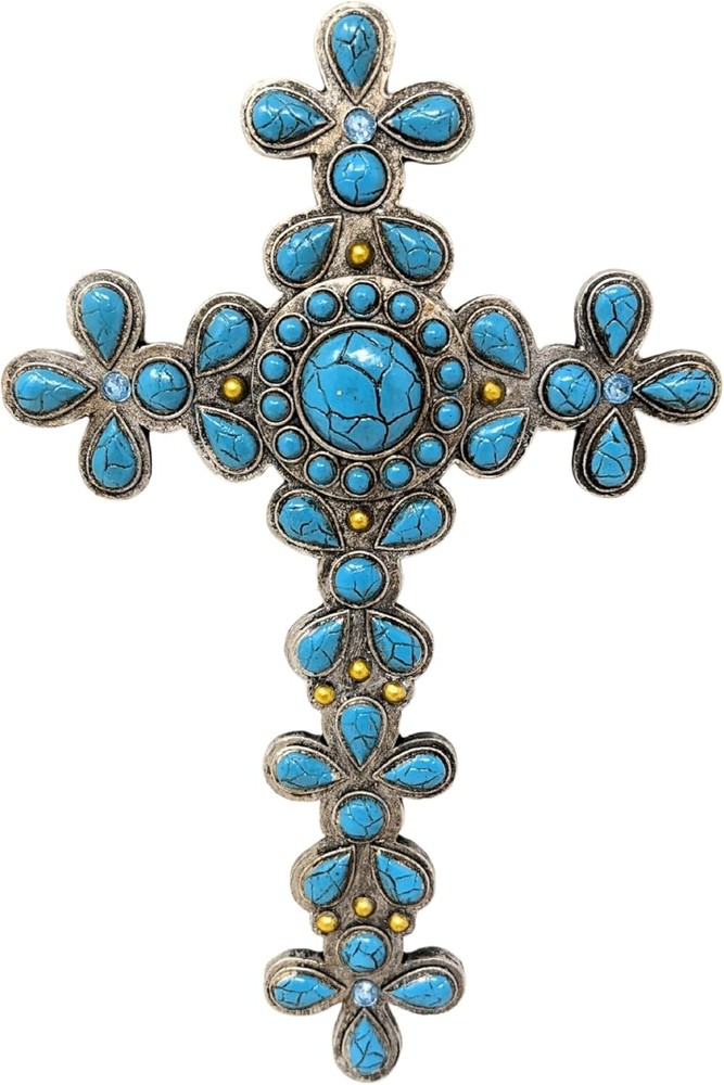 Rustic Southwest Turquoise Wall Cross – Silver-Trimmed Gemstone Accents – We