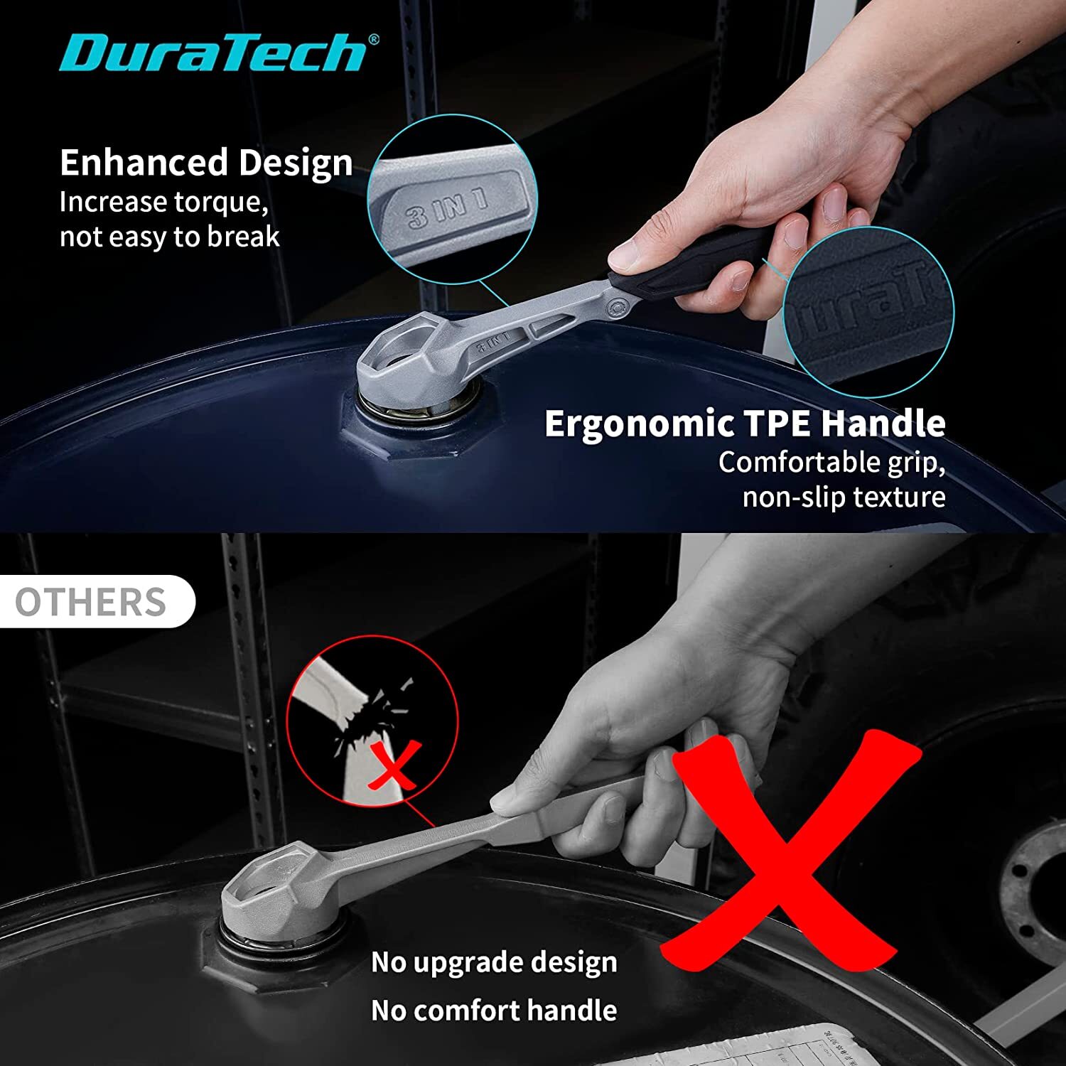 DURATECH Drum Wrench 3-in-1 Bung Wrench Barrel Opener Tool Fits 3/4" 2" Bung Cap