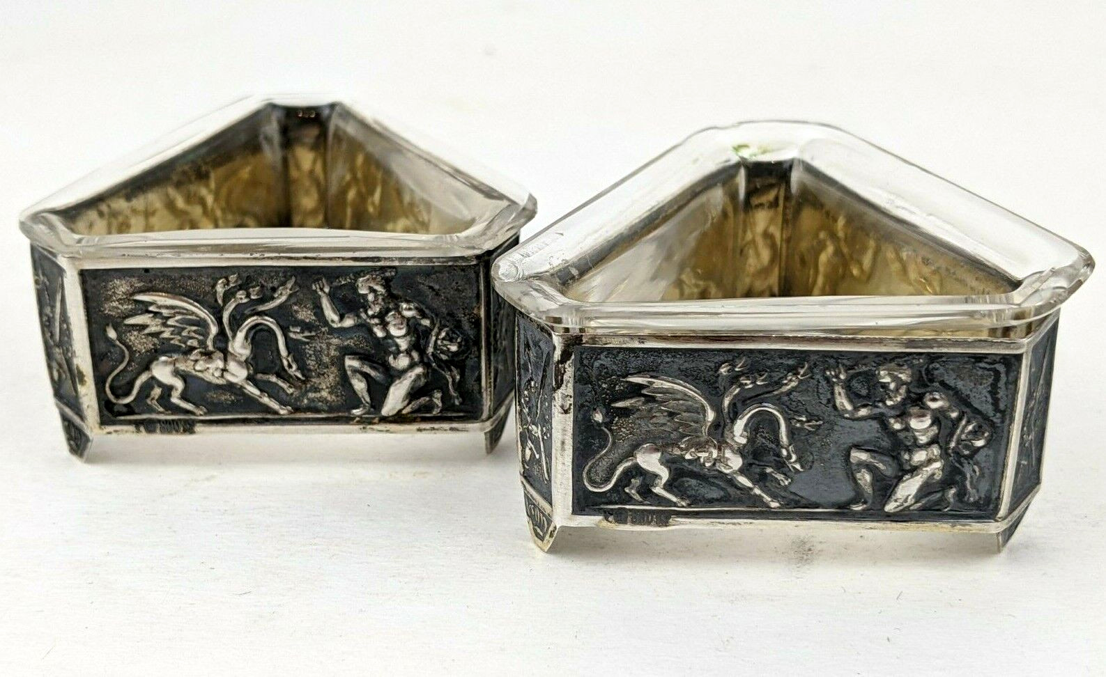 800 Silver Antique Germany Figural Mythology Glass Lined Salt Cellars RARE Pair