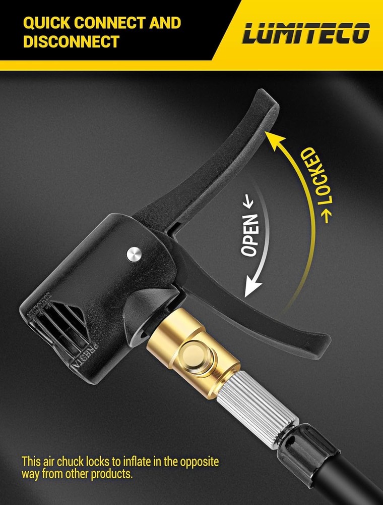 Locking Presta & Schrader Air Chuck with One-Touch Deflation for Efficient Use