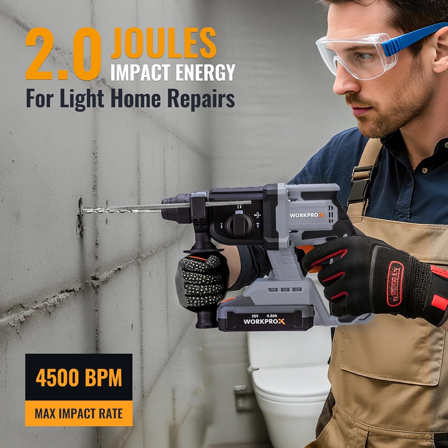 WORKPROX 20V Cordless Rotary Hammer Drill 7/8" SDS-Plus Brushless w/4.0A Battery