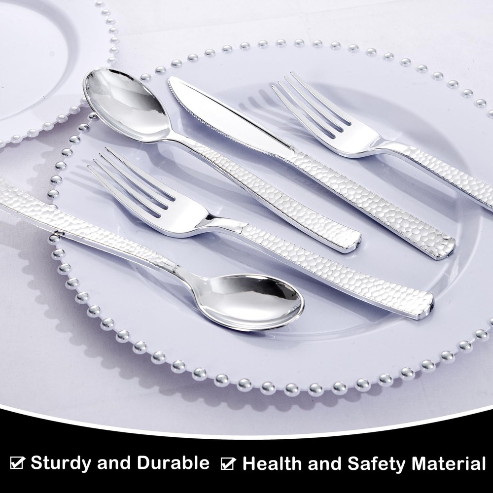 180 pieces Silver Plastic Silverware, Disposable Plastic Silverware Heavy Dut...