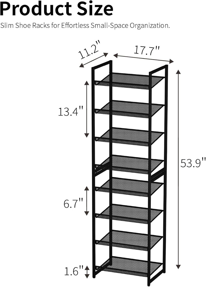 Metal Tall Shoe Rack, 8-Tier Stackable Shoe Shelf, with Adjustable Flat or Angle