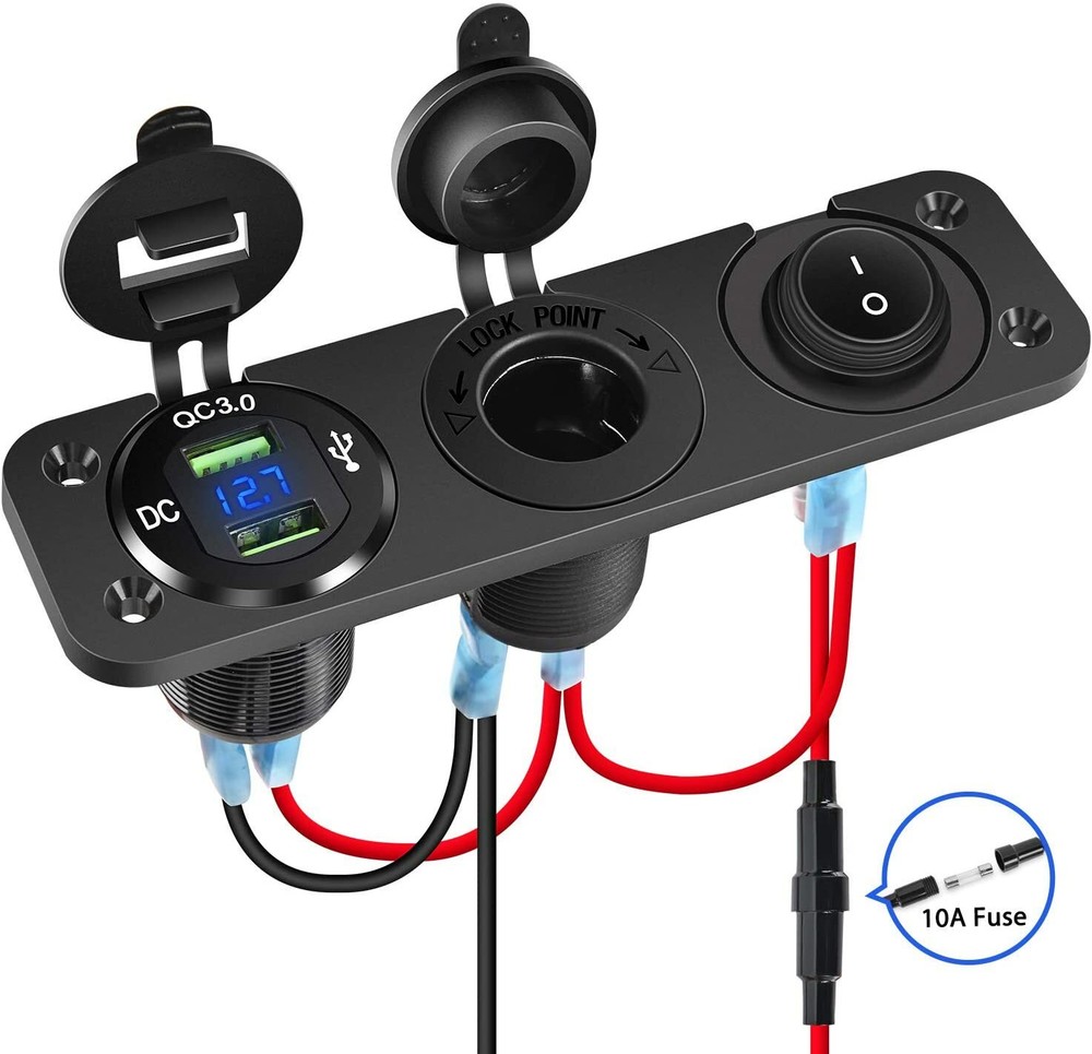 Nilight 4 in 1 Cigarette Lighter Charger Socket Panel QC3.0 Dual USB Waterproof