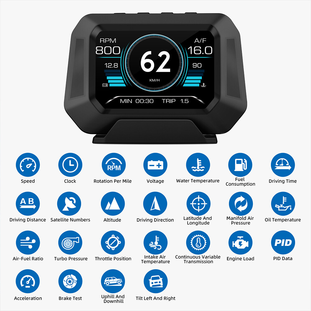 Car OBD2 GPS Head Up Display HUD Speedometer Slope Meter Speed P21 Data Stream