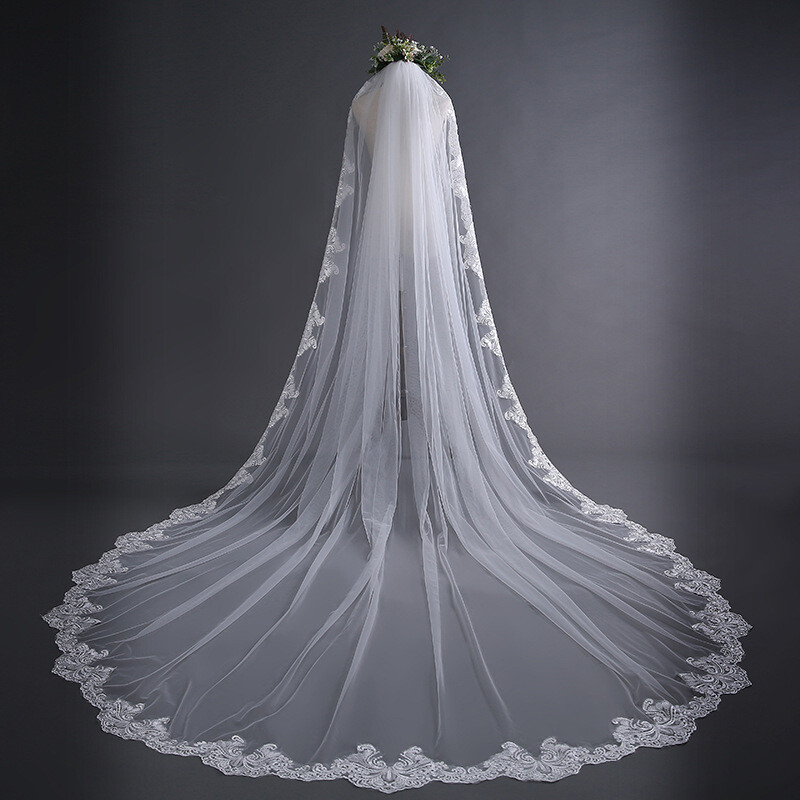 10Ft Long White Wedding Bridal Veils with Embroidery Lace Edge Bride Supplies US