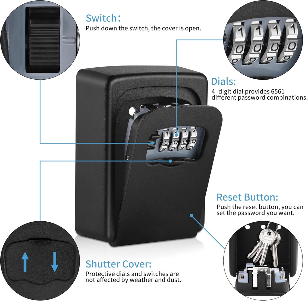 Key Lock Box Wall Mounted,4 Digit Combination Weatherproof Lockbox for outside H
