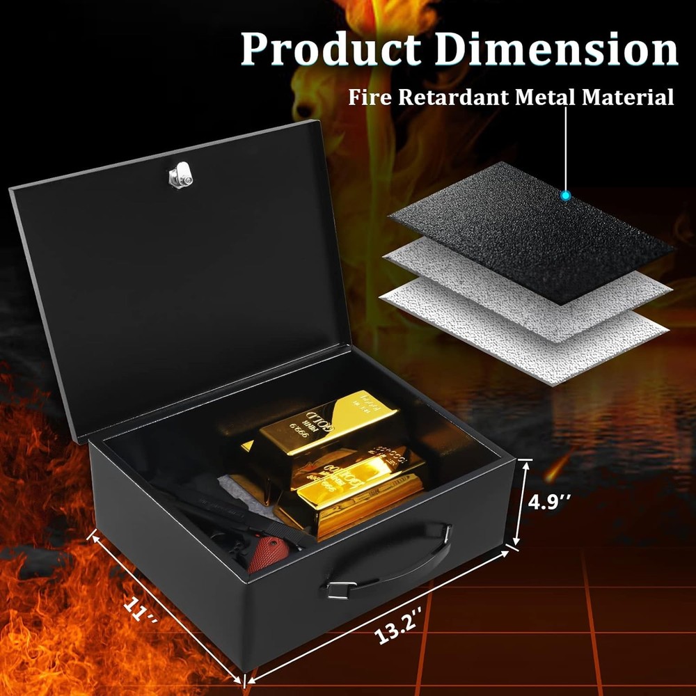 Portable Metal Safe Box with Key Lock - Fire Resistant Storage for Documents, Ca